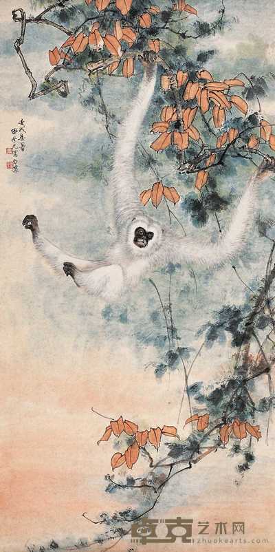 田世光 1982年作 白猿 镜心 133×67cm
